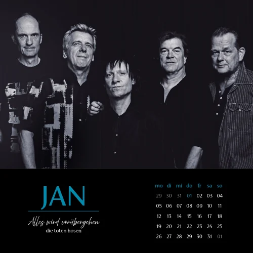 Januar Kalenderblatt. Schwarzweissbild der Toten Hosen mit Kalendarium.
